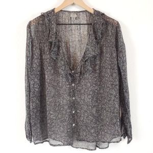 Ecote Long Sleeve Sheer Blouse Ruffle Neck Gray Top Button Down Work